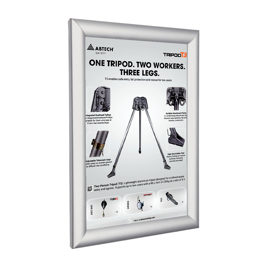 T3 Tripod product poster displayed in a silver snap frame
